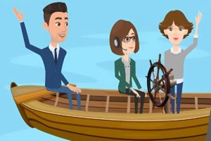 Drei Personen auf einem Boot.