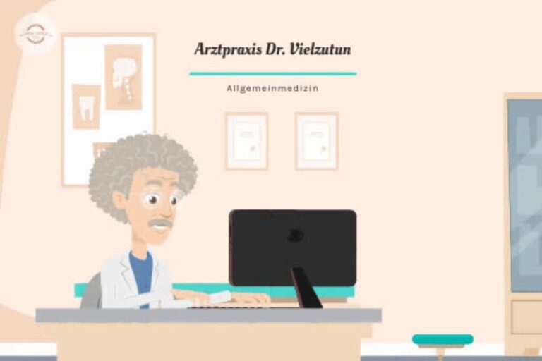 Arztpraxis mit Computer und Arzt.