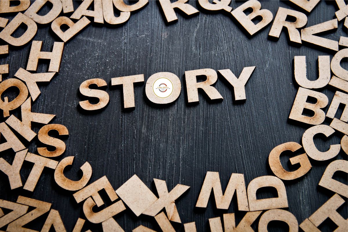 Buchstaben um das Wort 'Story'. Es steht für die Geschichten der Lohnheldinnen Lo & Bu