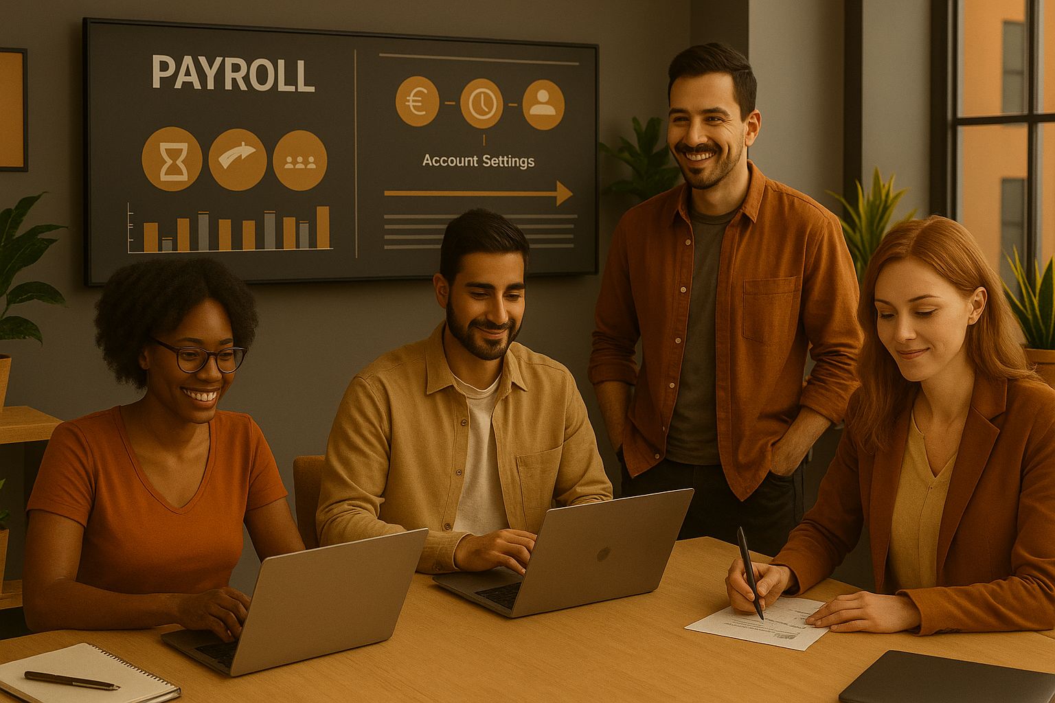 Vier Mitarbeiter eines Lohnbüros arbeiten an Laptops in einem modernen Lohnbüro mit Grafiken zur digitalen Strategie zum Thema Lohnabrechnung.