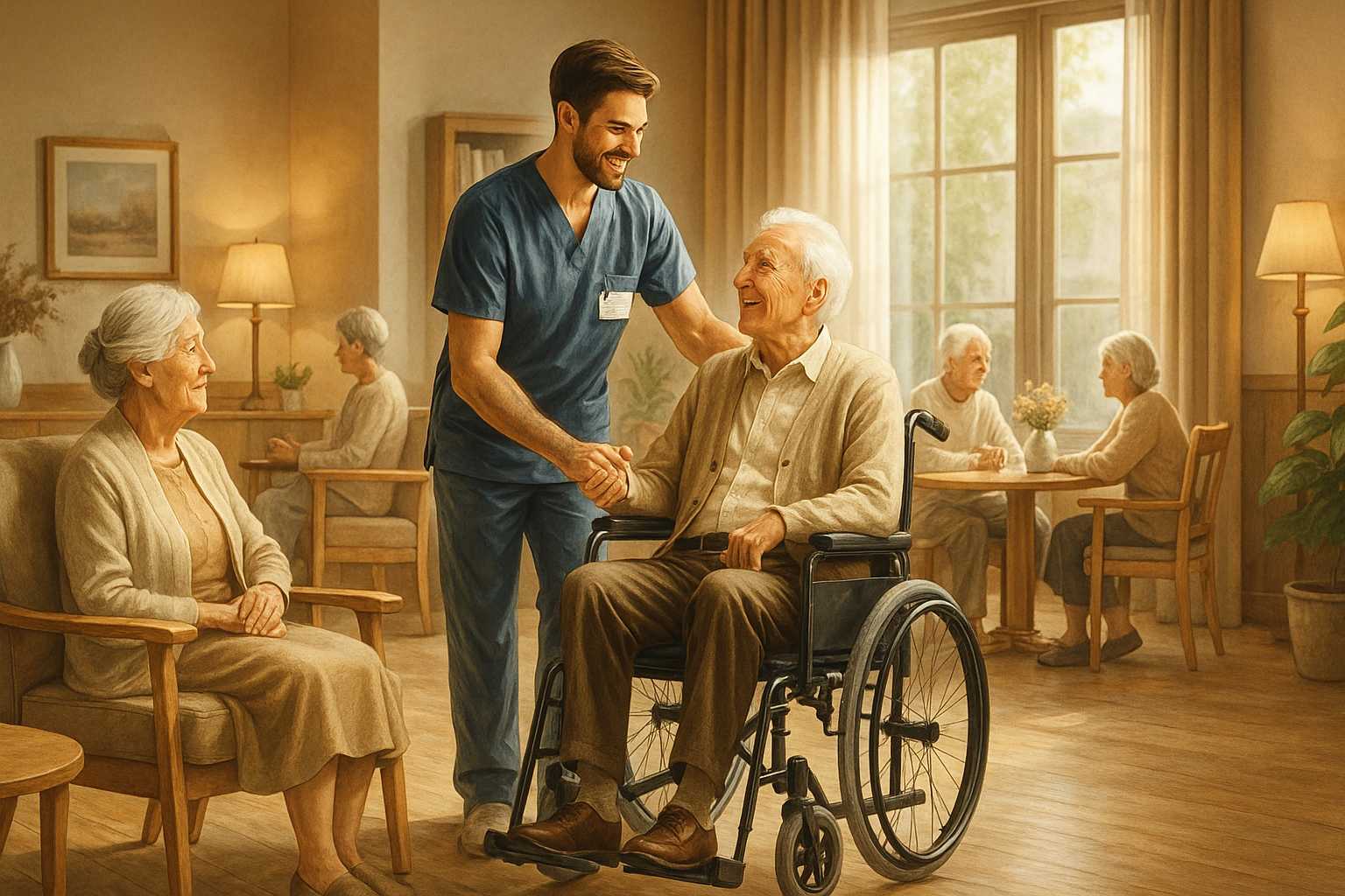 Pflegekraft hilft älteren Menschen.