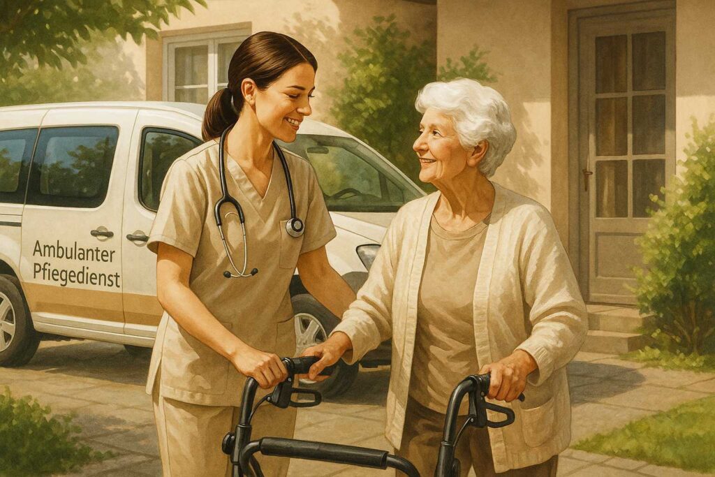Pflegekraft hilft älterer Dame beim Gehen.