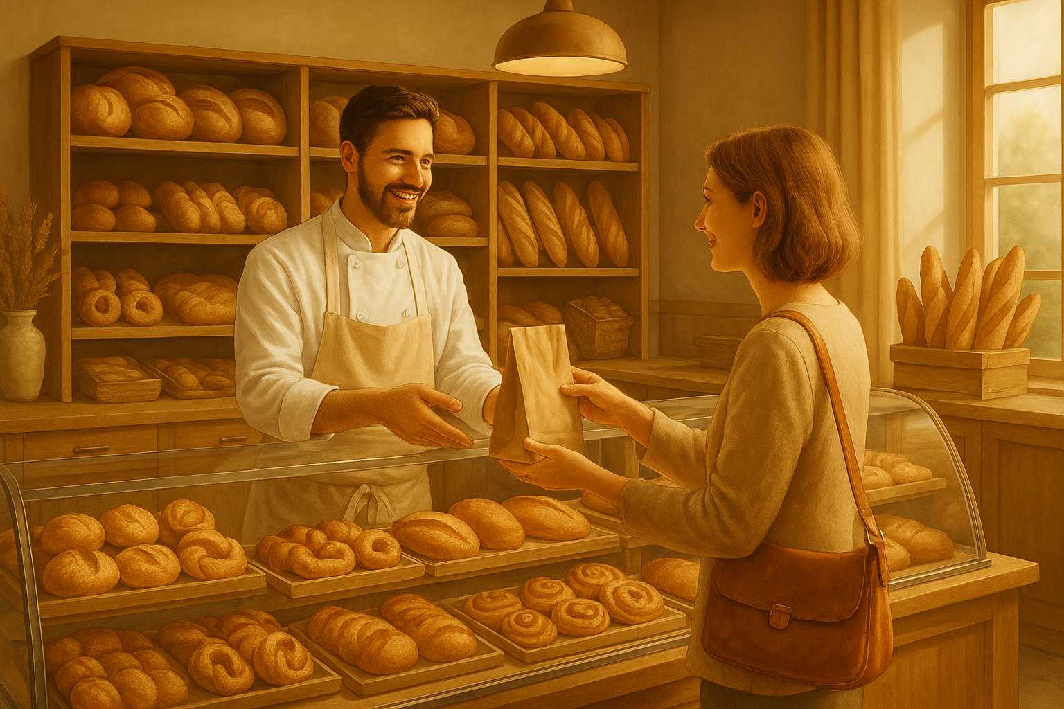 Bäcker verkauft frisches Brot.