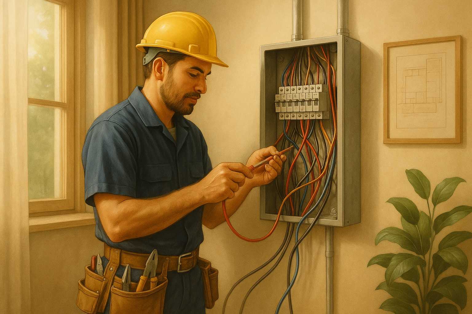 Elektriker arbeitet an einem Sicherungskasten.