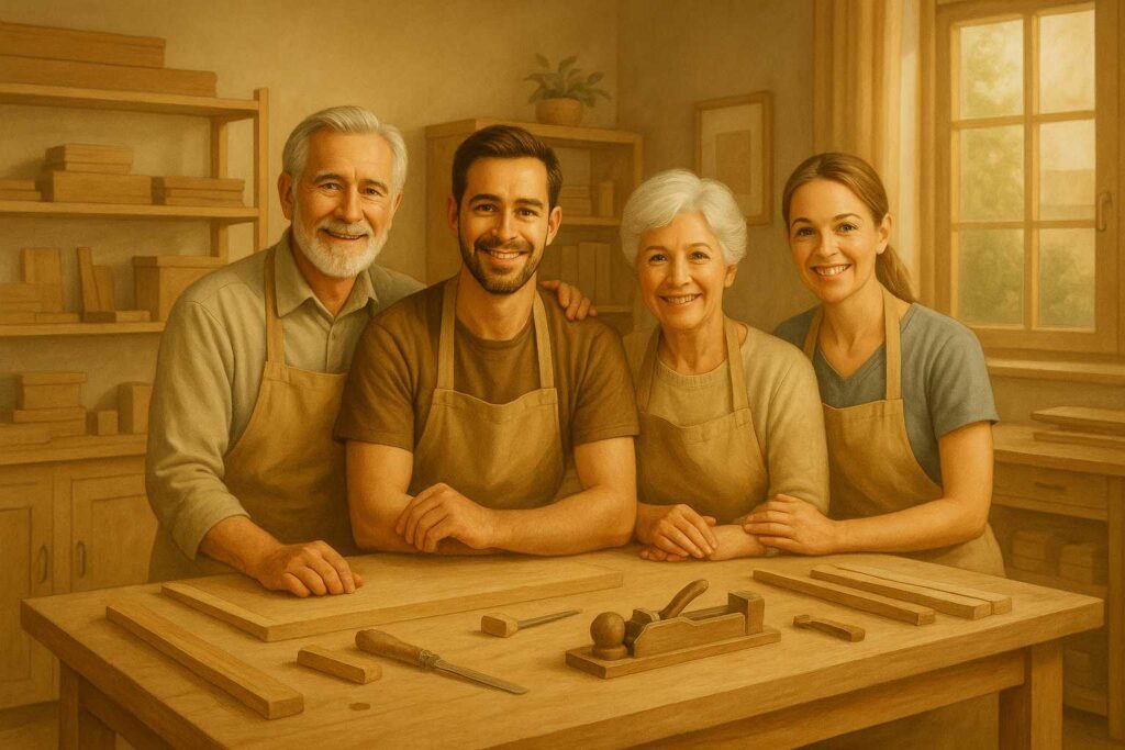 Familie in einer Tischlerei zusammen.