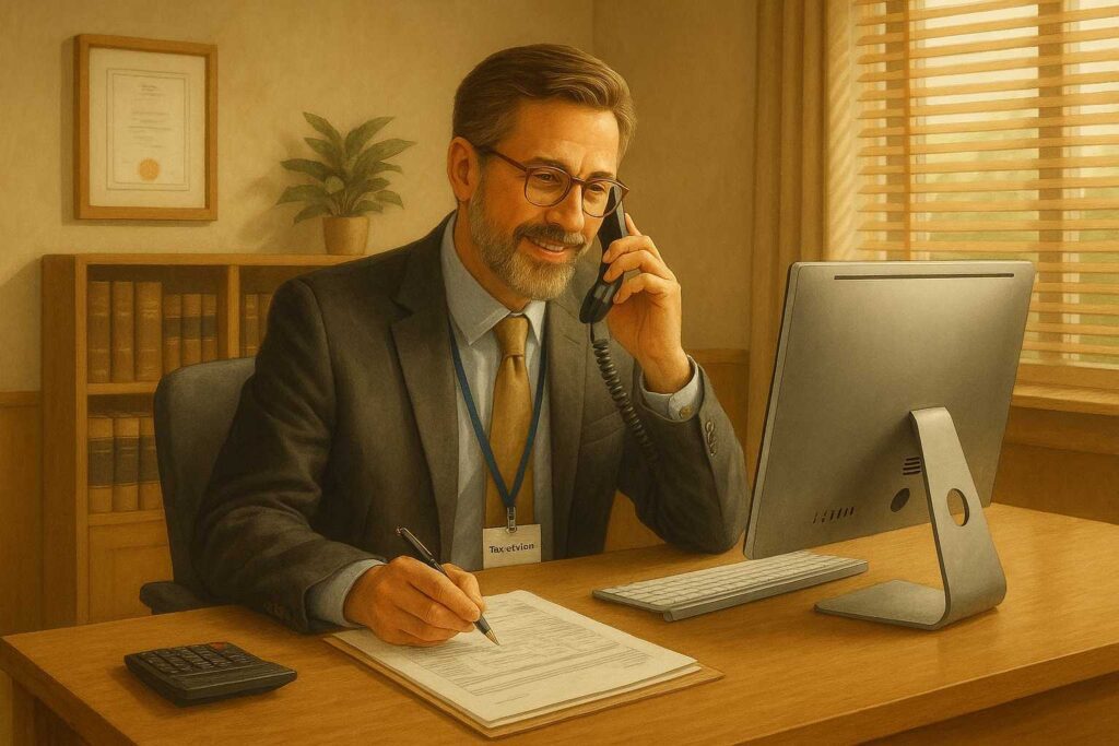 Steuerberater am Schreibtisch, telefonierend.