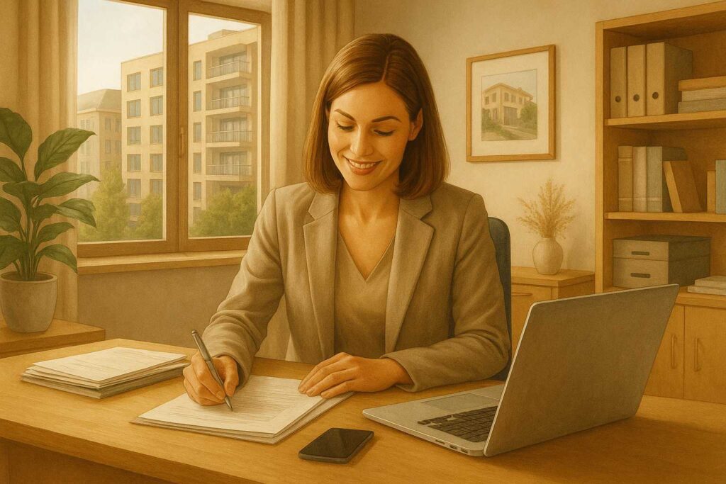 Frau arbeitet am Schreibtisch.