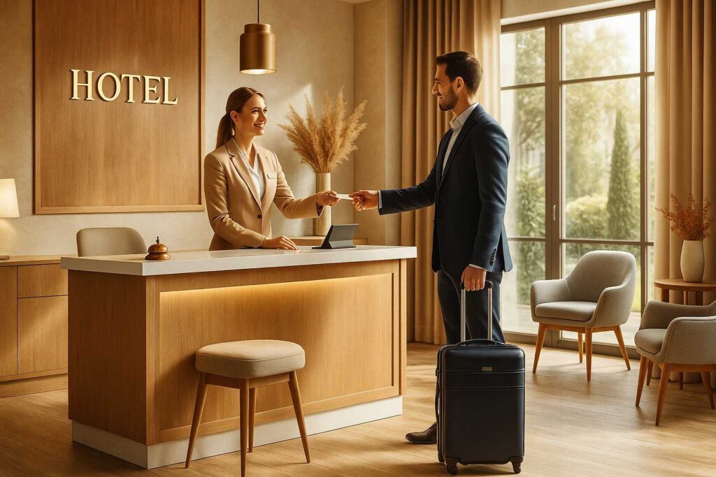 Gast checkt im Hotel ein.