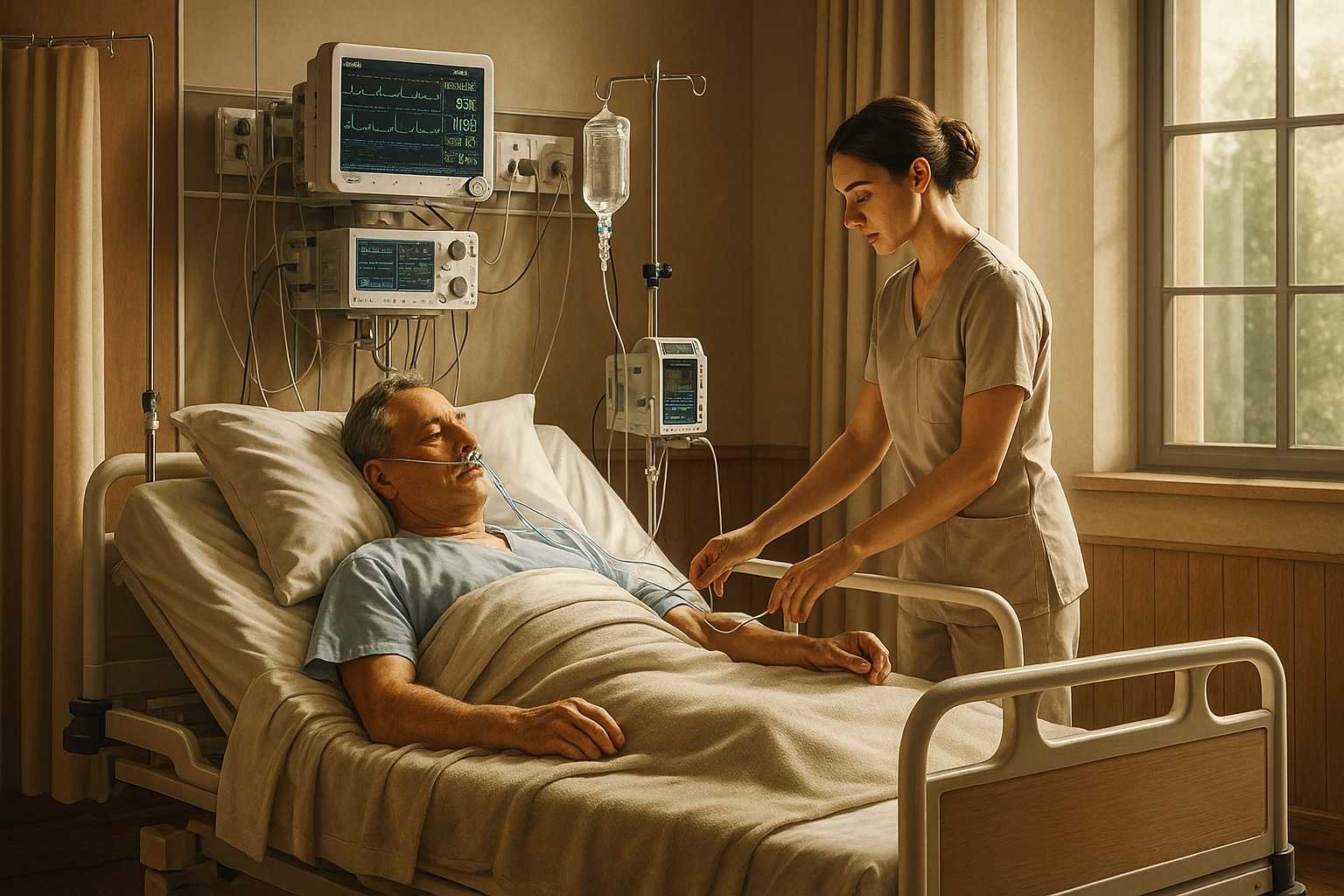 Krankenhauszimmer mit Pflegekraft und Patient