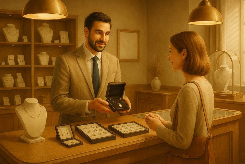 Juwelier zeigt Schmuckstück einer Kundin.