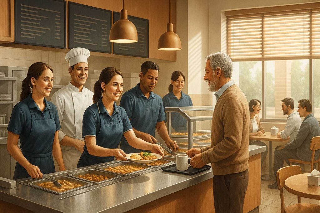 Menschen in einer Cafeteria beim Essen.