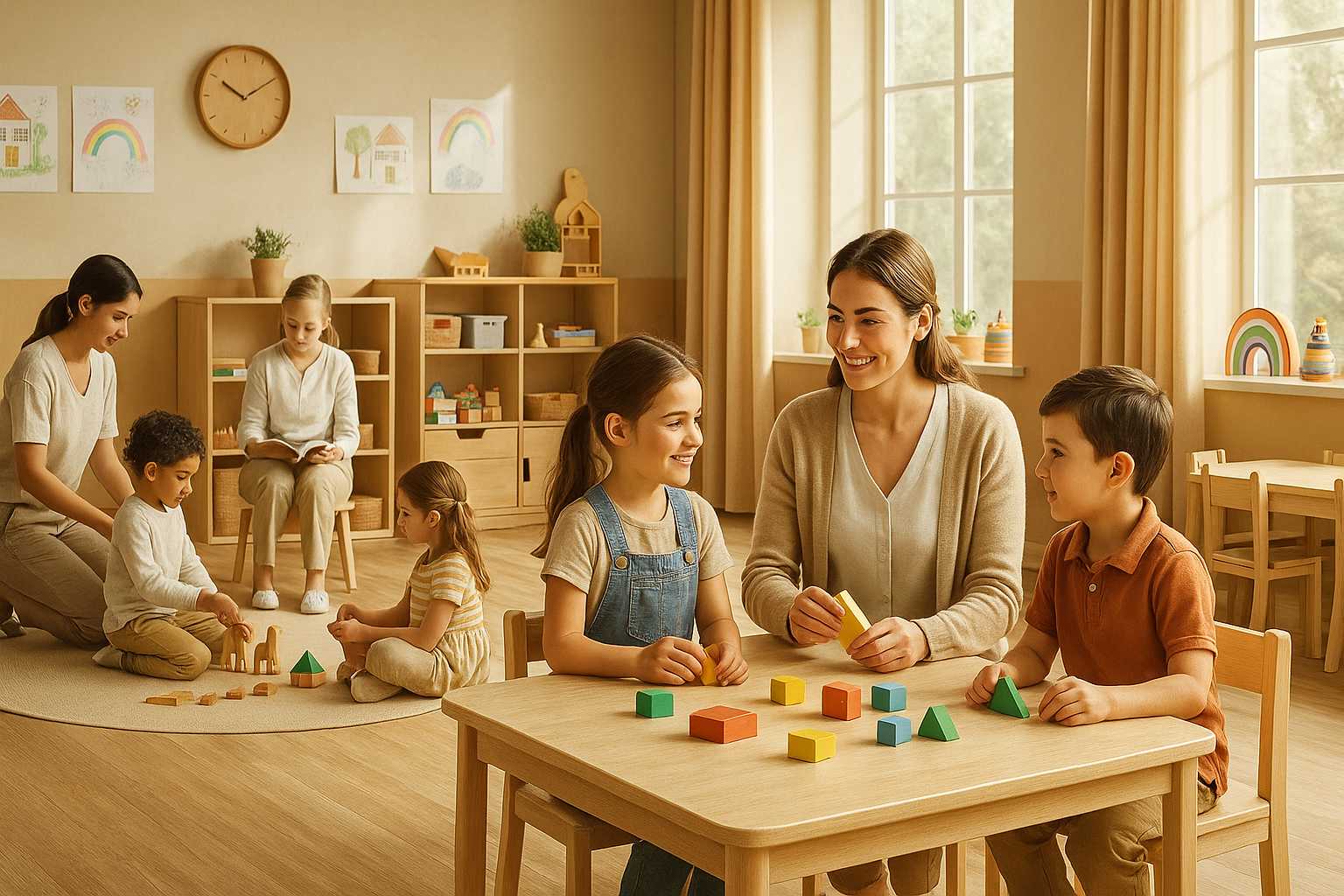 Kinder spielen mit bunten Bausteinen.