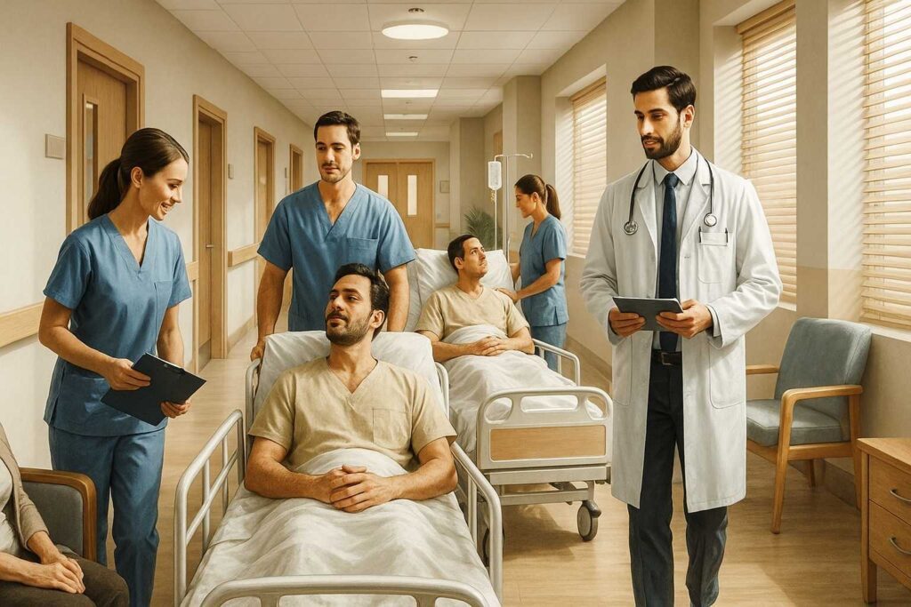 Krankenhausmitarbeiter betreuen Patienten.