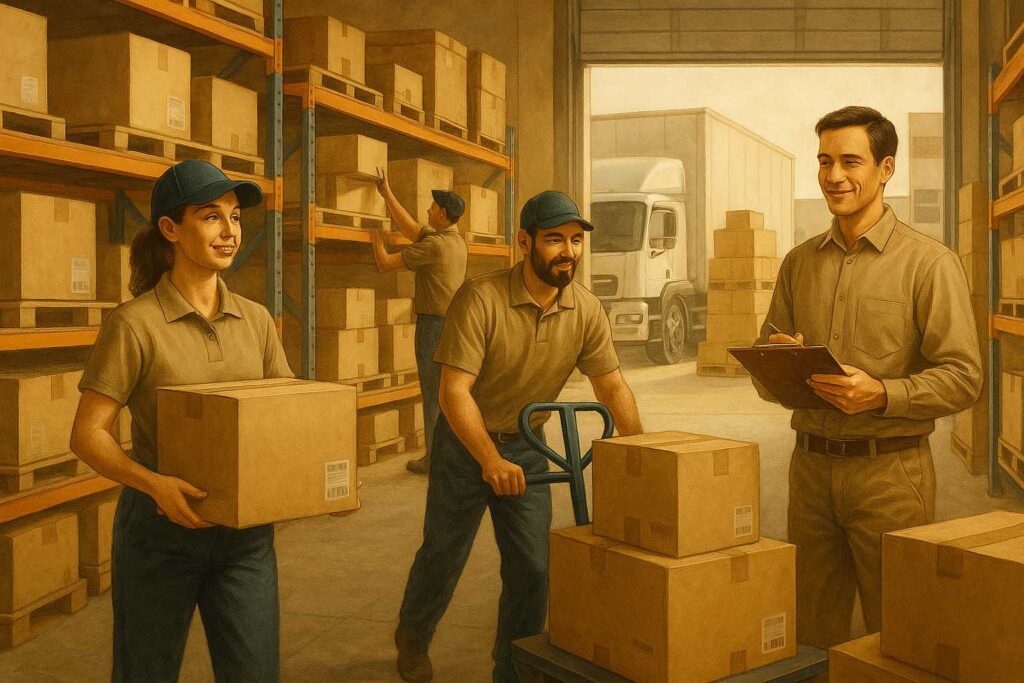 Lagerarbeiter mit Kartons und Transportwagen
