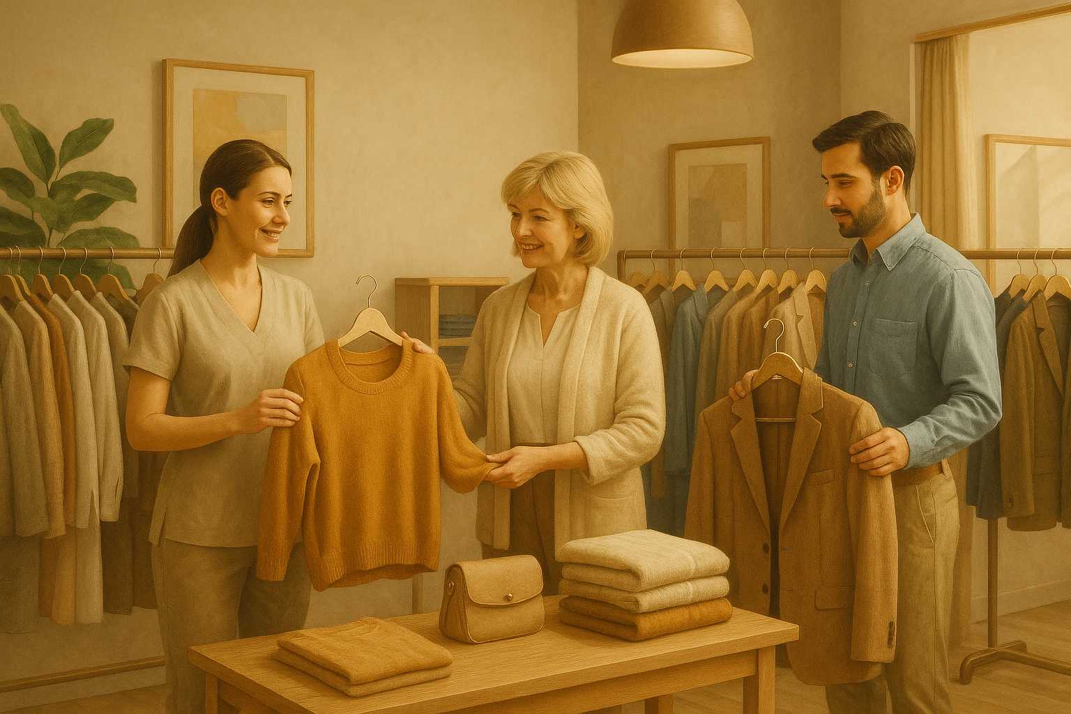 Drei Personen in einem Modegeschäft.