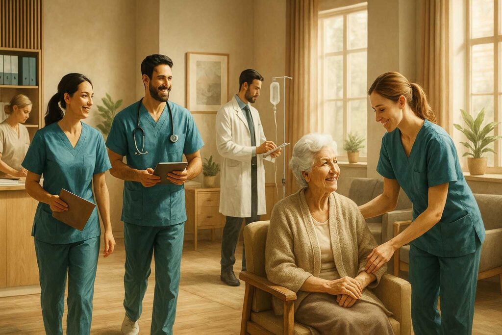 Pflegekräfte helfen älterer Dame.