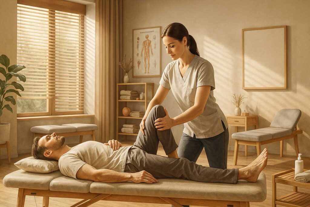 Physiotherapie in einem hellen Raum.