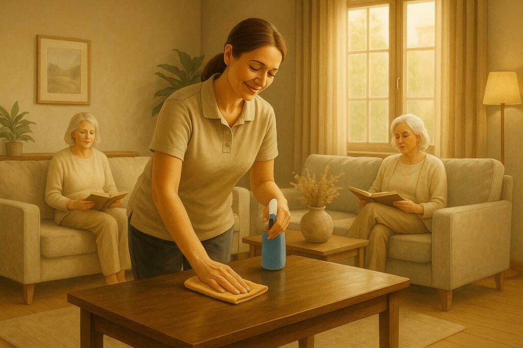 Frau putzt, ältere Damen lesen.