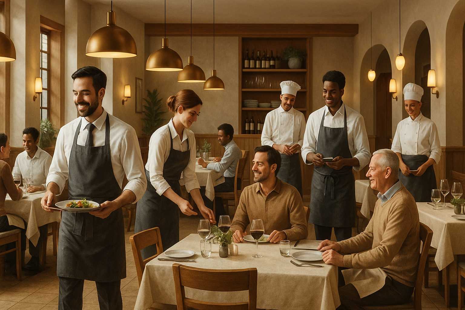 Elegantes Restaurant mit servierendem Personal.