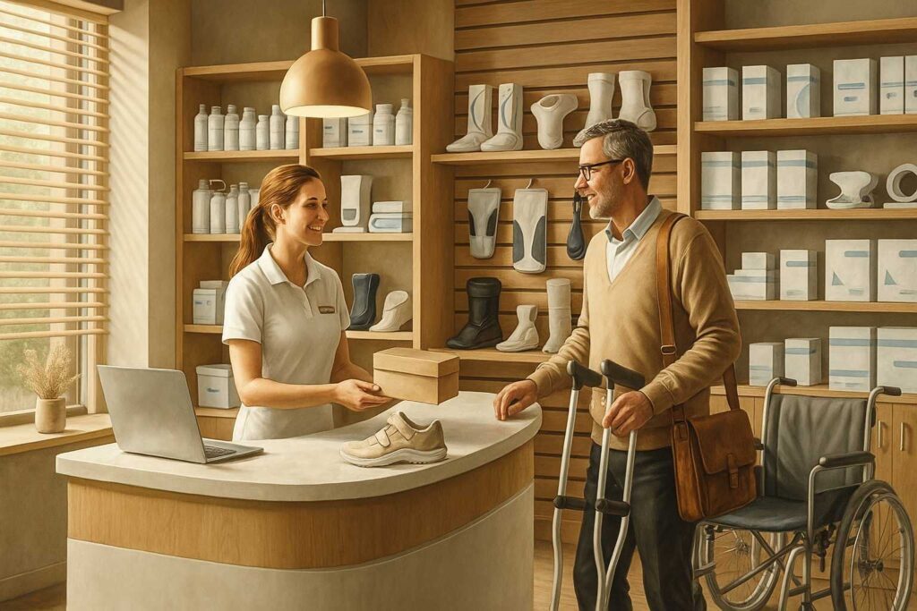 Beratung im Sanitätshaus, Schuhe verkauft.