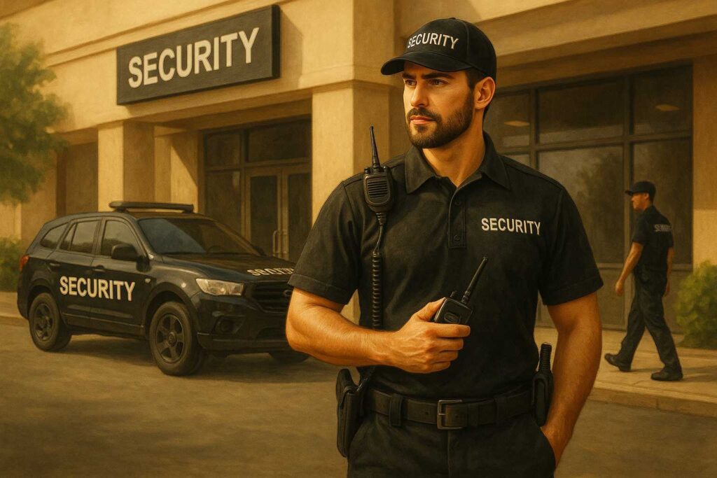 Sicherheitsdienst vor einem Gebäude.
