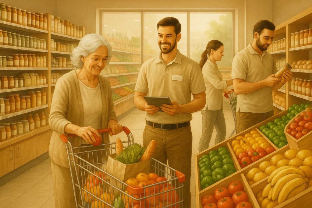 Einkauf im Supermarkt mit Angestellten