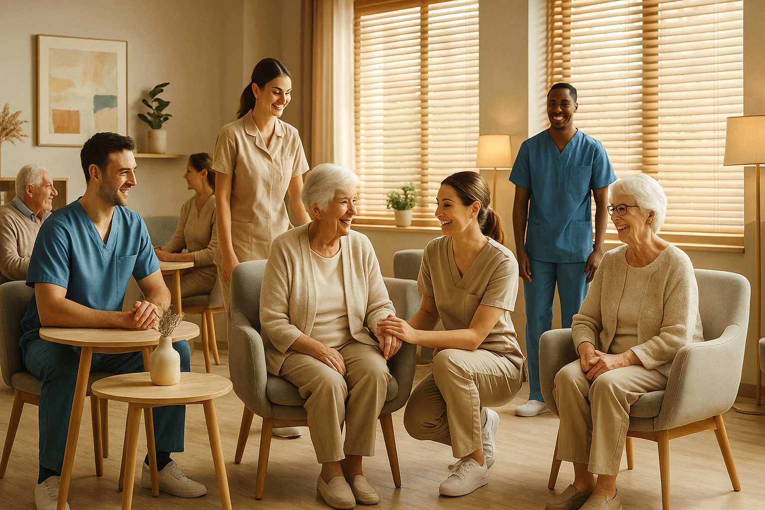 Pflegekräfte betreuen ältere Menschen.