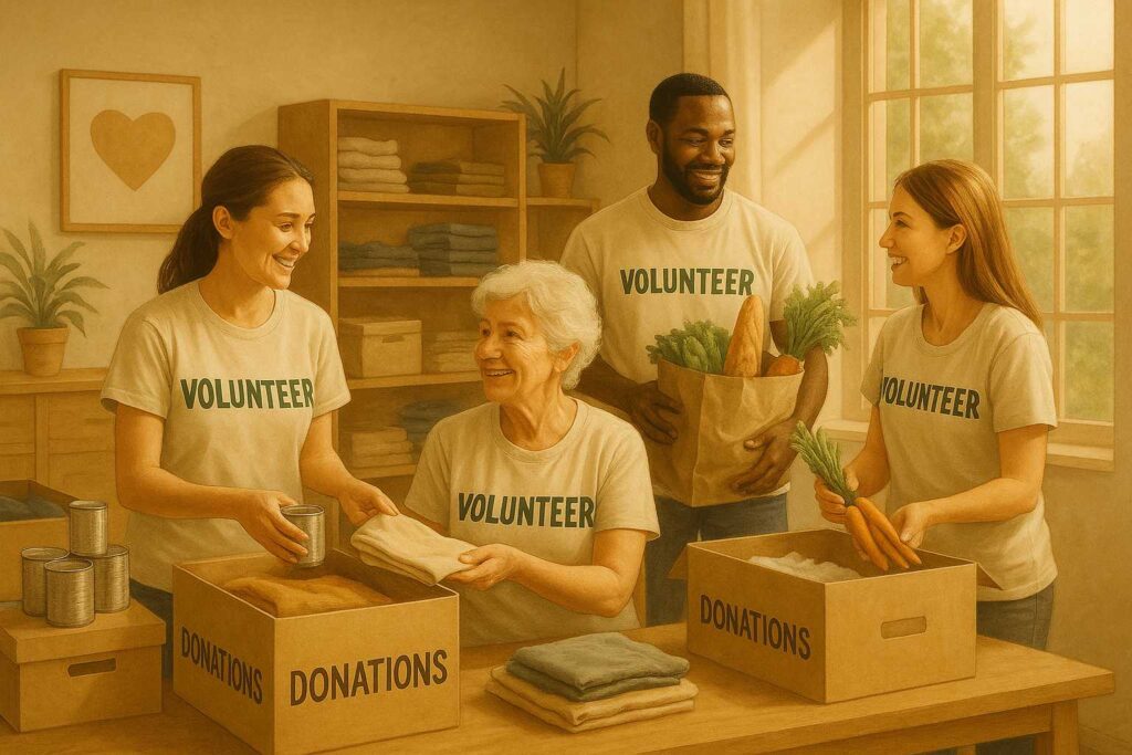 Freiwillige sortieren Spendenartikel.