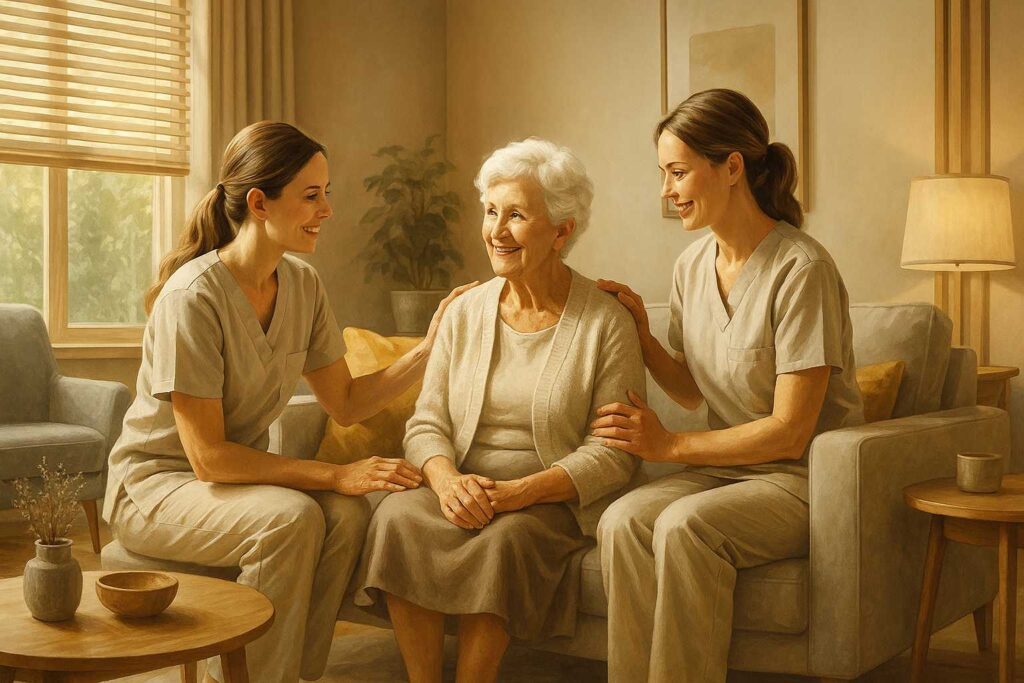 Pflegekräfte unterstützen ältere Dame