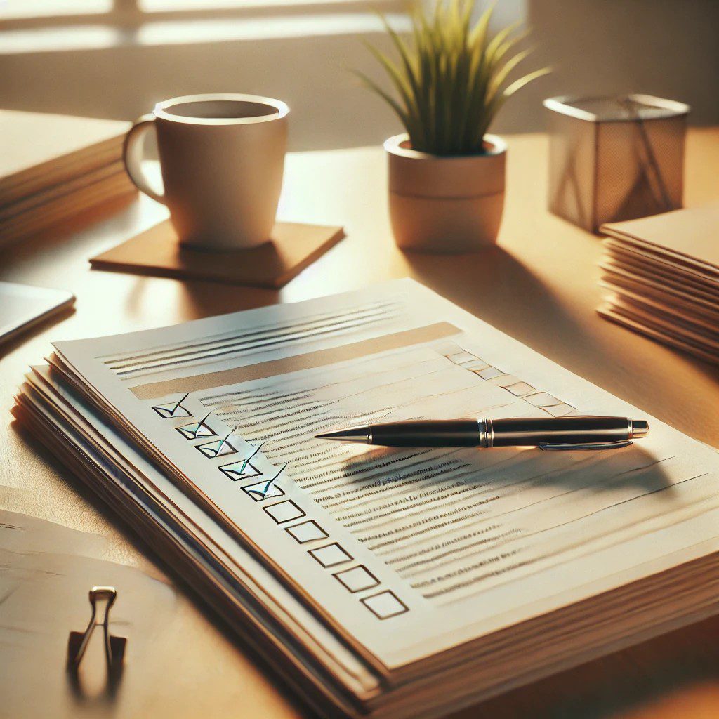 Eine Checkliste auf einem Tisch mit teilweise als erledigt gekennzeichneten Aufgaben.