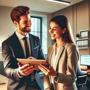 Geschäftsgespräch mit Tablet im Büro. Wechsel vom Steuerberater zum Lohnbüro.