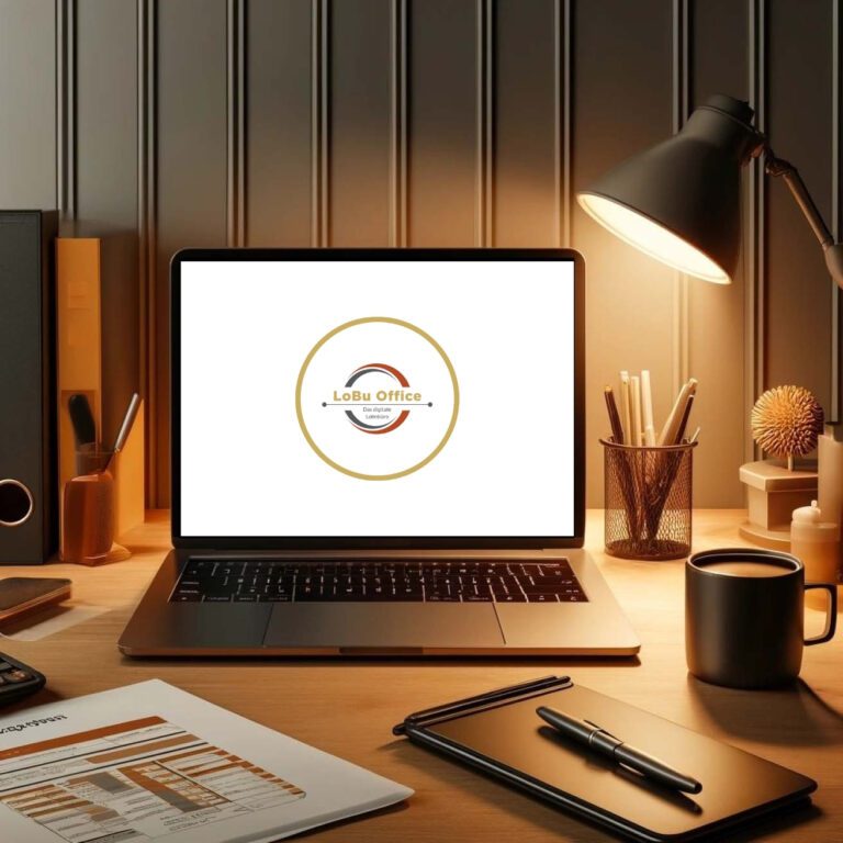 Schreibtisch mit aufgeklapptem Laptop. Auf dem Bildschirm ist das Logo von LoBu Office dem digitalen Lohnbüro zu sehen.