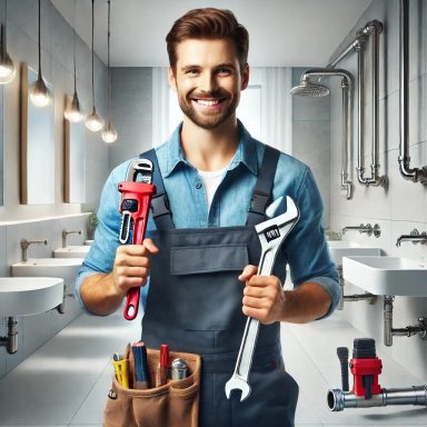 Installateur präsentiert sein Werkzeug.