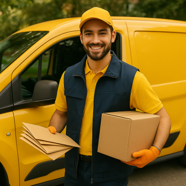 Lächelnder Paketbote mit Umschlägen und Paket vor gelbem Lieferwagen.