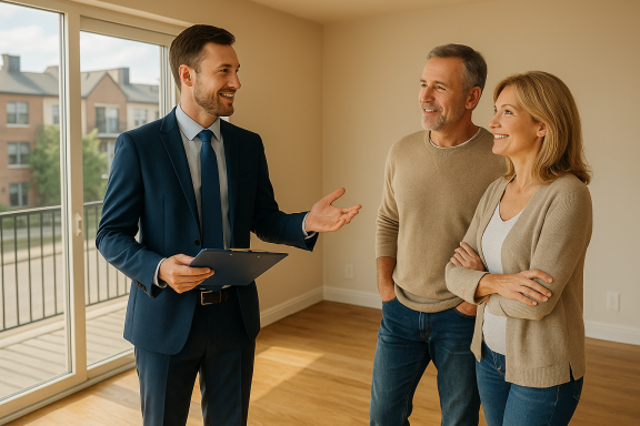 Immobilienverwalter im Gespräch mit einem älteren Paar in einer leerstehenden Wohnung.