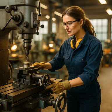 Maschinenbauerin arbeitet konzentriert an einer Fräsmaschine in einer modernen Werkhalle.