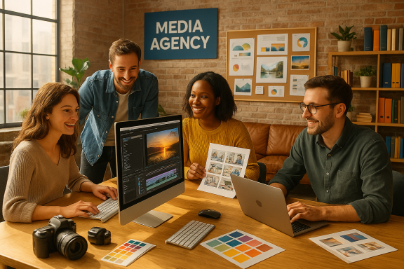 Team einer Medienagentur arbeitet gemeinsam an einem Kreativprojekt mit Computern, Kameras und Farbmusterkarten.