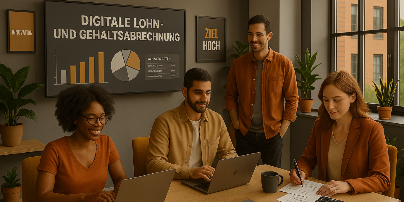 Professionelle Lohnabrechnung - Externes Lohnbüro LoBu Office Besprechung zur digitalen Lohnabrechnung im externen Lohnbüro LoBu Office. Im Hintergrund: Grafiken und Diagramme.