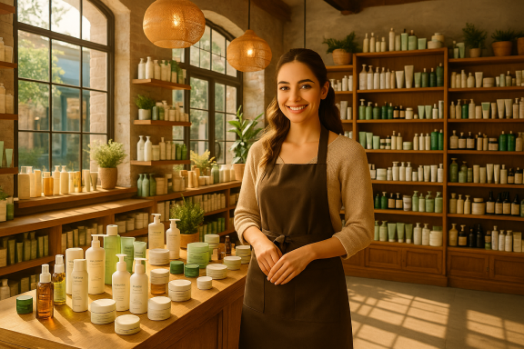 Eine Mitarbeiterin eines Drogeriemarkts steht zwischen Regalen mit Pflege- und Kosmetikprodukten und lächelt freundlich in die Kamera.