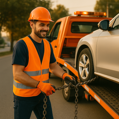 Mitarbeiter eines Abschleppdienstes sichert ein Fahrzeug auf einem Abschleppwagen.