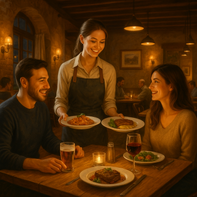 Lächelnde Kellnerin serviert einem Paar Abendessen in gemütlichem Restaurant mit Kerzenschein.
