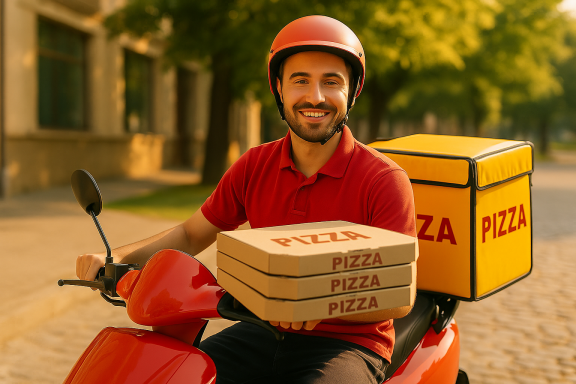 Pizzalieferant auf einem Roller hält mehrere Pizzakartons in der Hand.