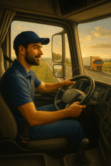 Lkw-Fahrer sitzt am Steuer und fährt bei Sonnenuntergang über die Autobahn.