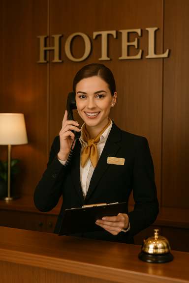 Rezeptionistin eines Hotels nimmt einen Anruf entgegen und hält eine Klemmbrettmappe in der Hand.