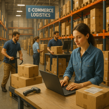 Mitarbeitende in einem E-Commerce-Lager arbeiten zwischen Regalen mit Kartons; eine Frau tippt am Laptop.