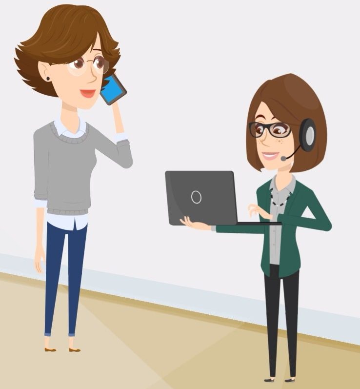 Lo & Bu - Die fiktiven Lohnhelden von LoBu Office Zwei Frauen im Gespräch, eine telefoniert, die andere arbeitet am Laptop mit Headset. Fiktive Lohnhelden von LoBu Office.