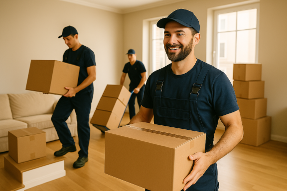 Mehrere Umzugshelfer tragen Kartons in eine Wohnung.