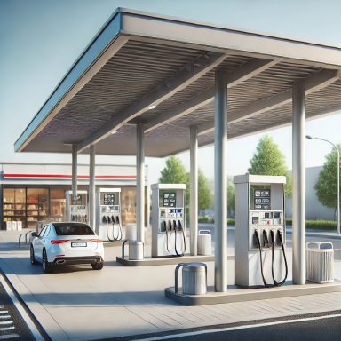 Moderne Tankstelle mit elektrischen Ladestationen und einem Auto davor.