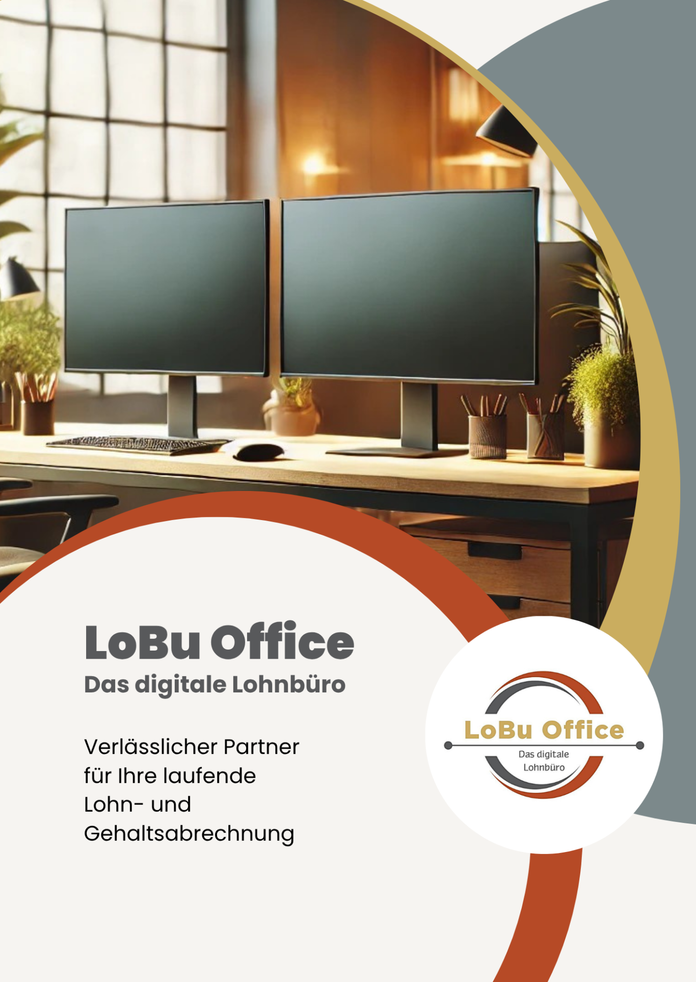 LoBu Office - Unternehmensbroschüre Zwei Computerbildschirme auf einem Schreibtisch im modernen Büroumfeld.