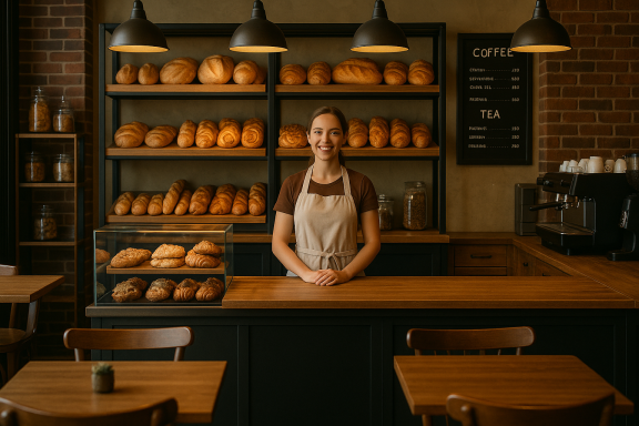 Eine junge Frau in Schürze steht lächelnd hinter der Verkaufstheke einer Bäckerei, umgeben von frischem Gebäck.